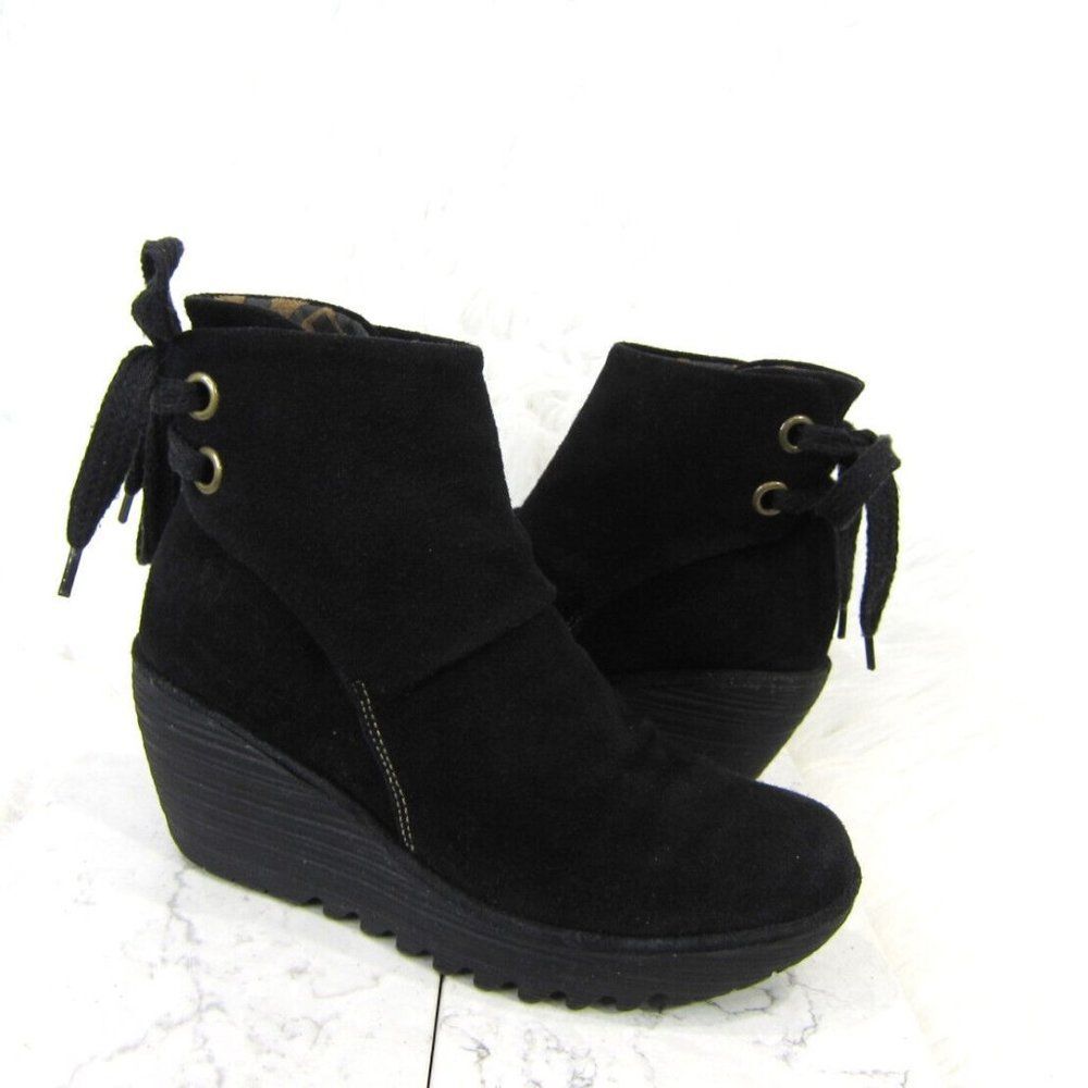 Fly London Women's Yebi Wedge Ankle Boots Black Leather Suede Tie EU 37 US 6.5-7